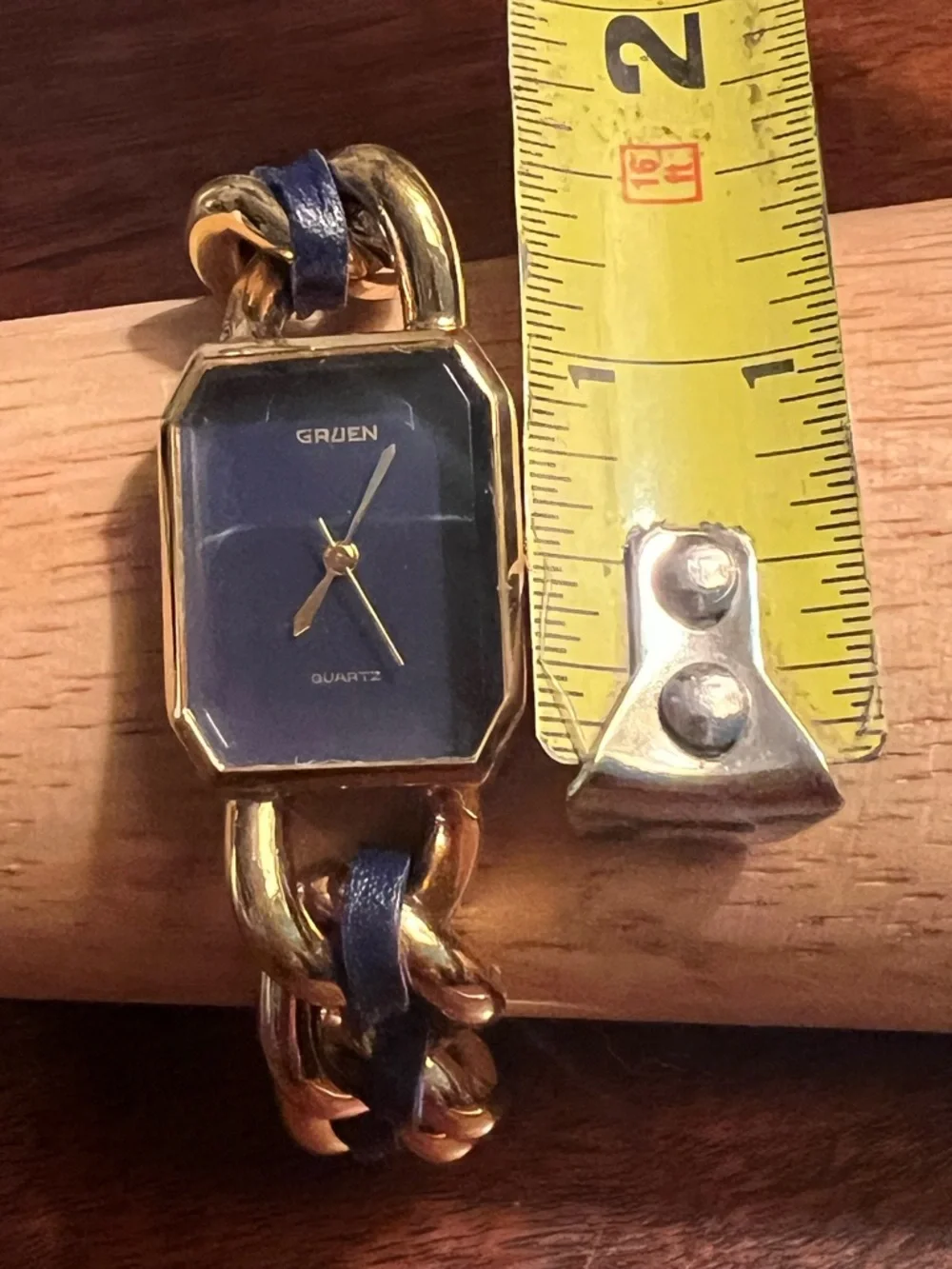 Vintage Gruen Square Blue Dial Gold toned Chain Link and Leather Bracelet Watch Vintage Gruen Square Blue Dial Gold toned Chain Link and  main image 3